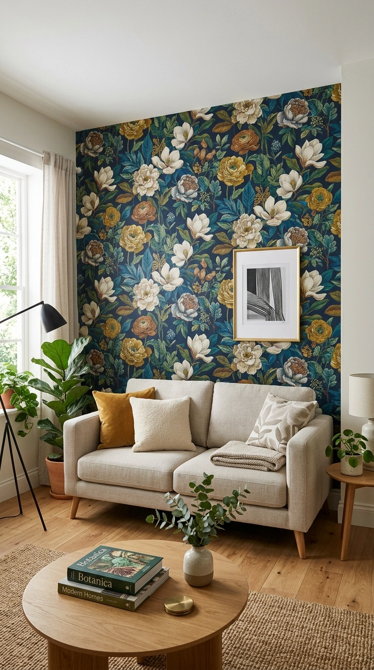 018 Use Patterned Wallpaper A living room accent wall