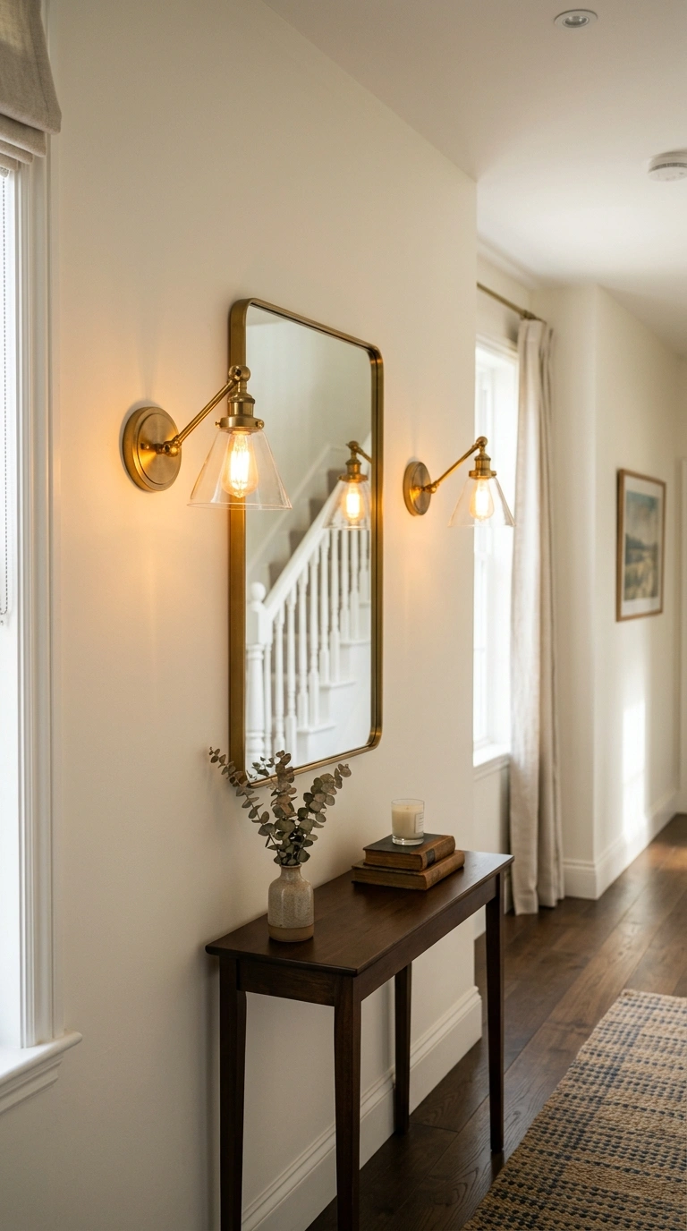 018 Wall Sconces A hallway with two brass wall sconces
