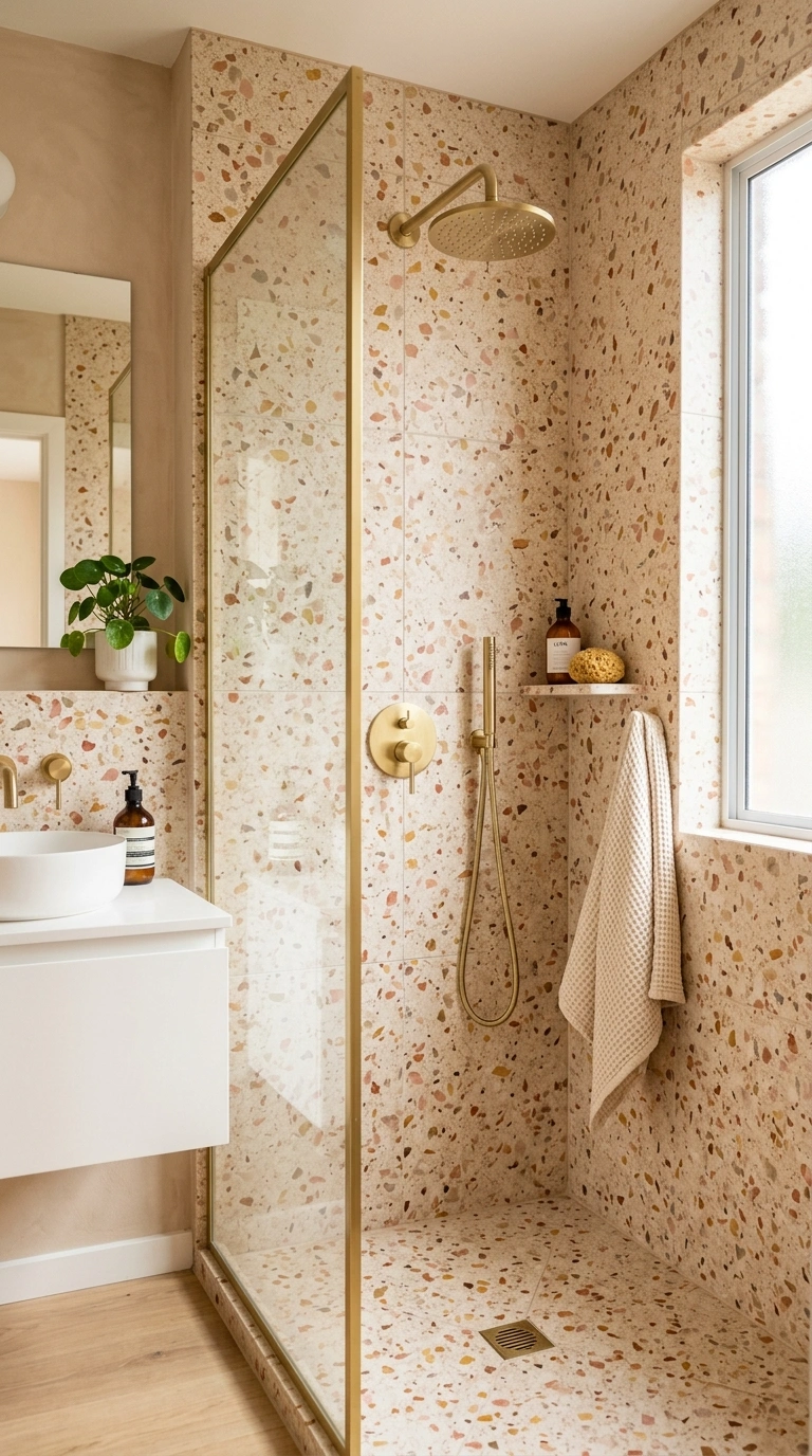 018 Warm Terrazzo Tile A shower fully tiled in warm te