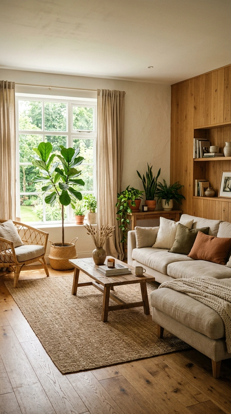 018 Warm White and Natural Wood A living room with war