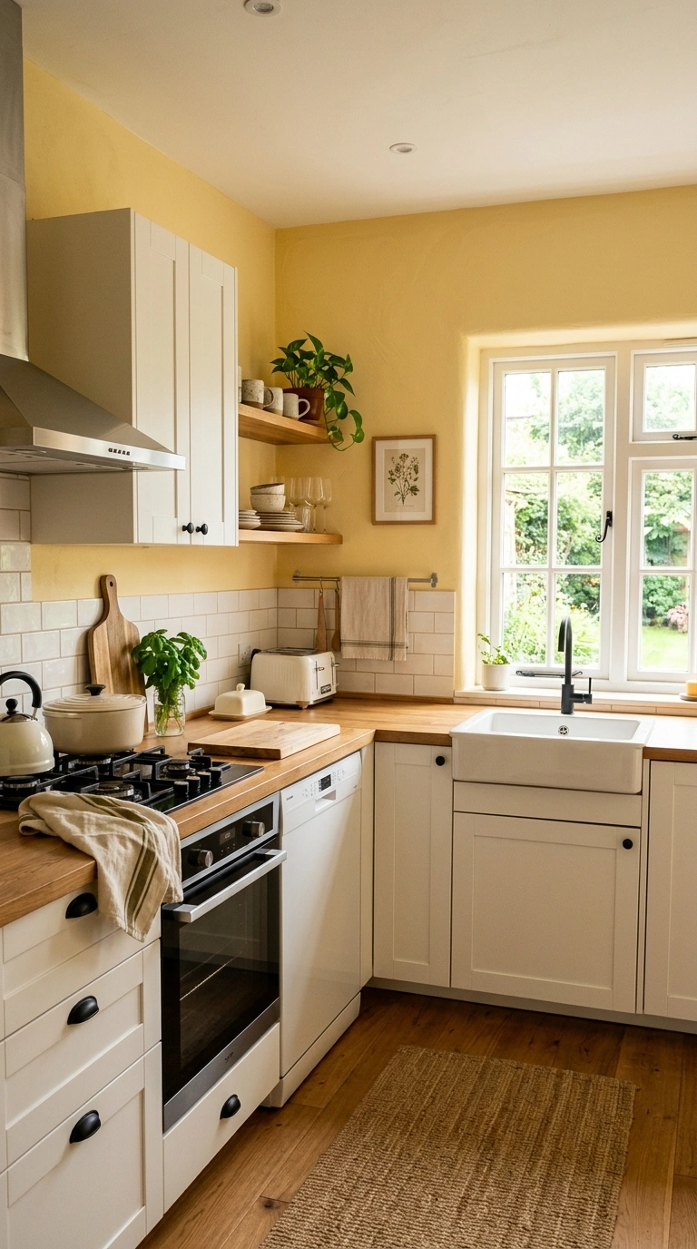 018 Warm Yellow Walls A small kitchen painted in soft