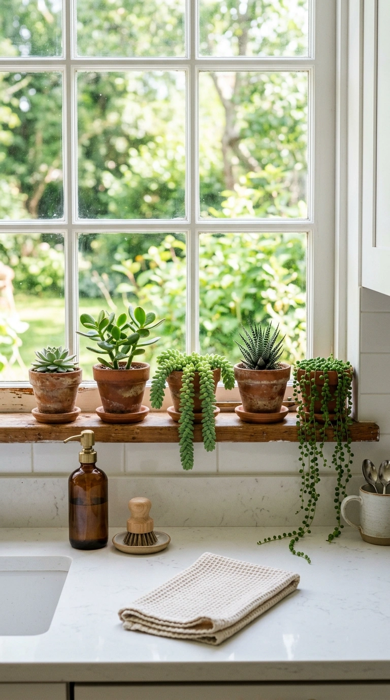 018 Window Sill Plants A kitchen windowsill with five