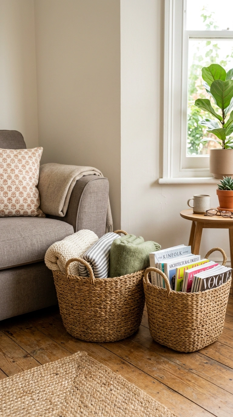 018 Woven Basket Storage A living room corner beside a