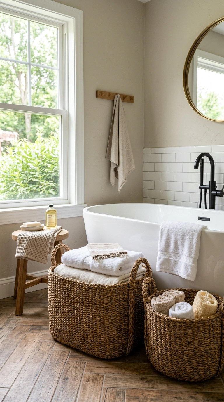 018 Woven Storage Baskets A bathroom corner with large