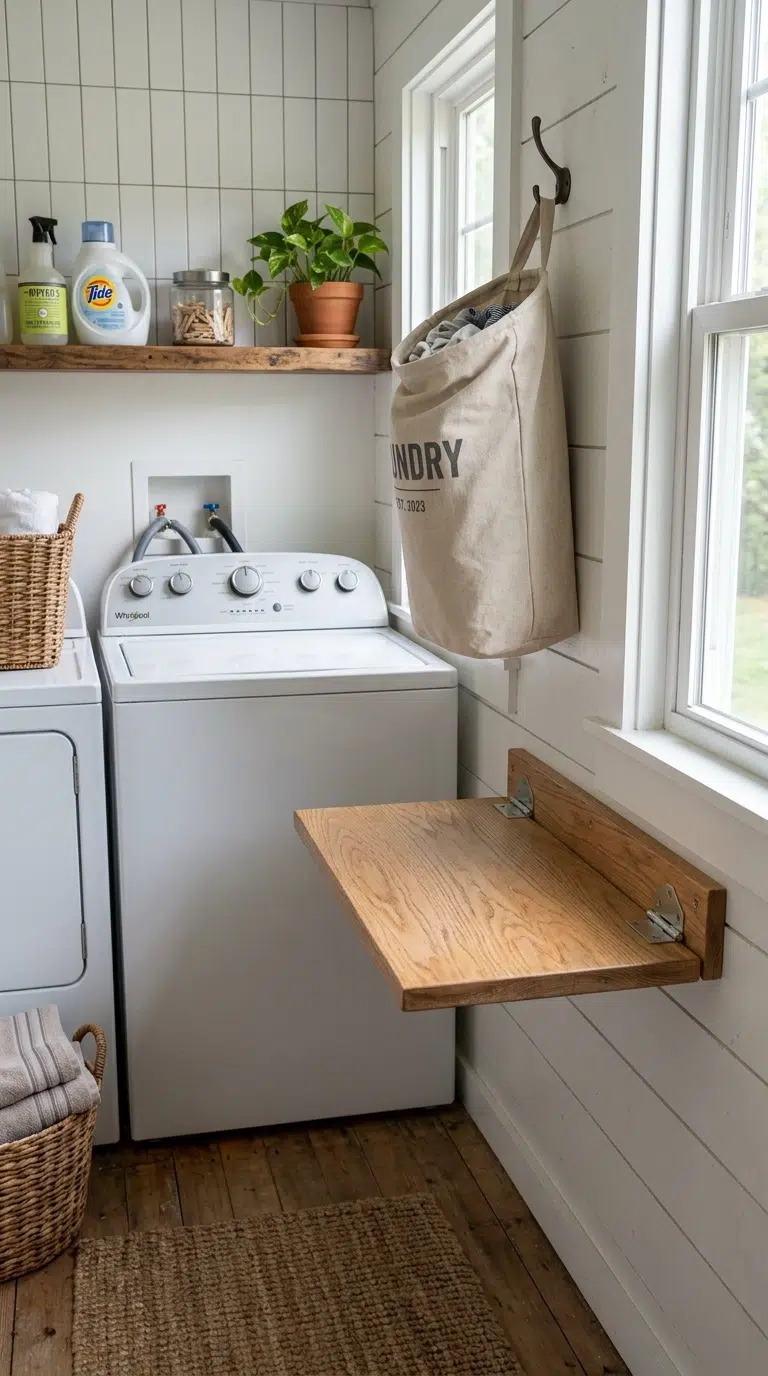 019 Compact Fold Down Bench A narrow laundry room with