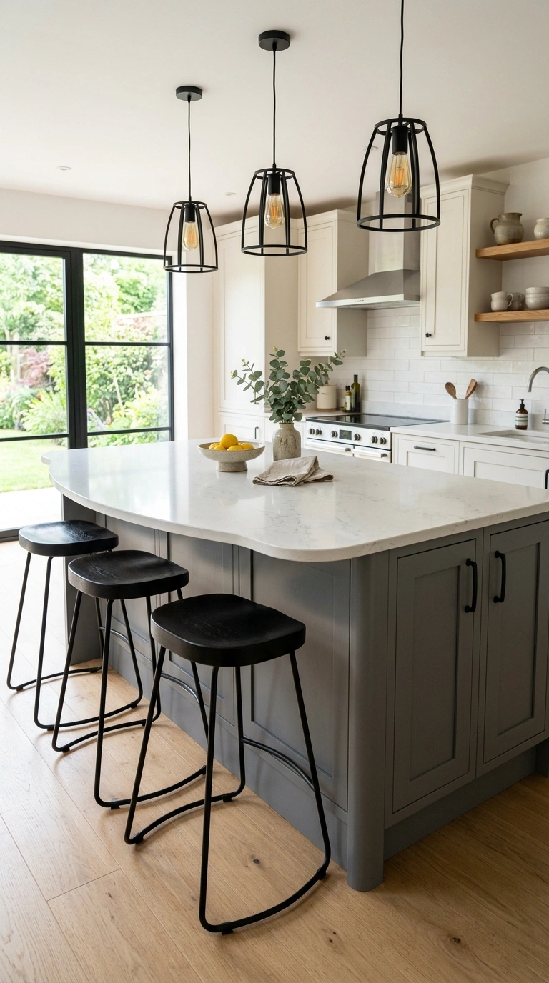 019 Curved Overhang Counter A white quartz kitchen isl