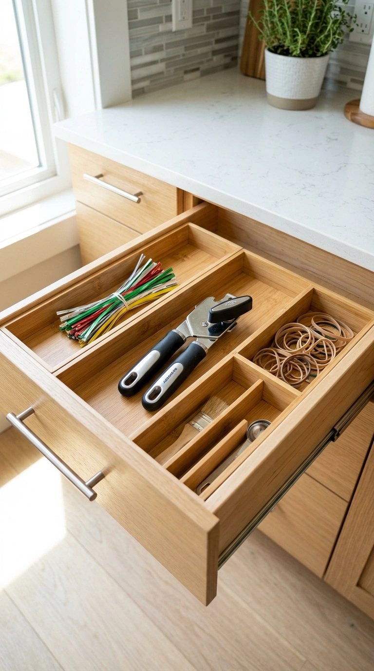 019 Drawer Liner Trays An open kitchen drawer with sha