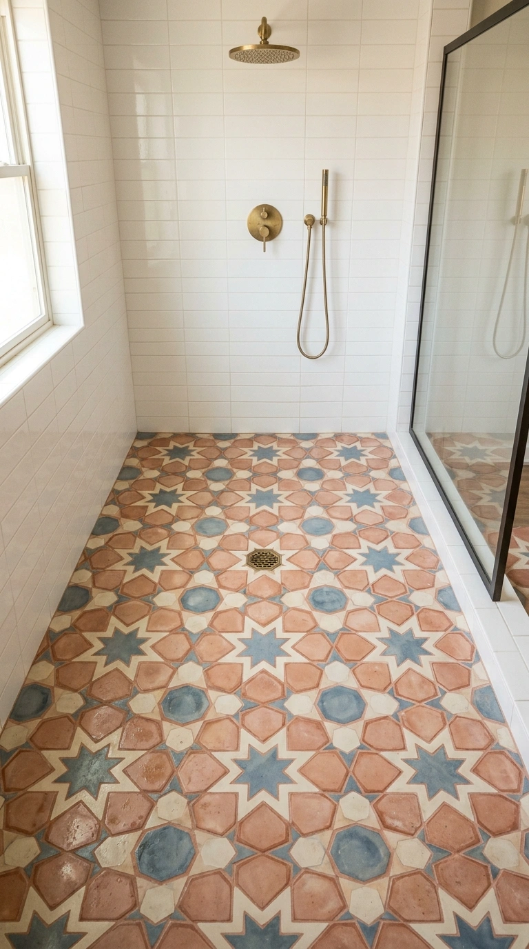 019 Geometric Star Pattern A shower floor covered in e