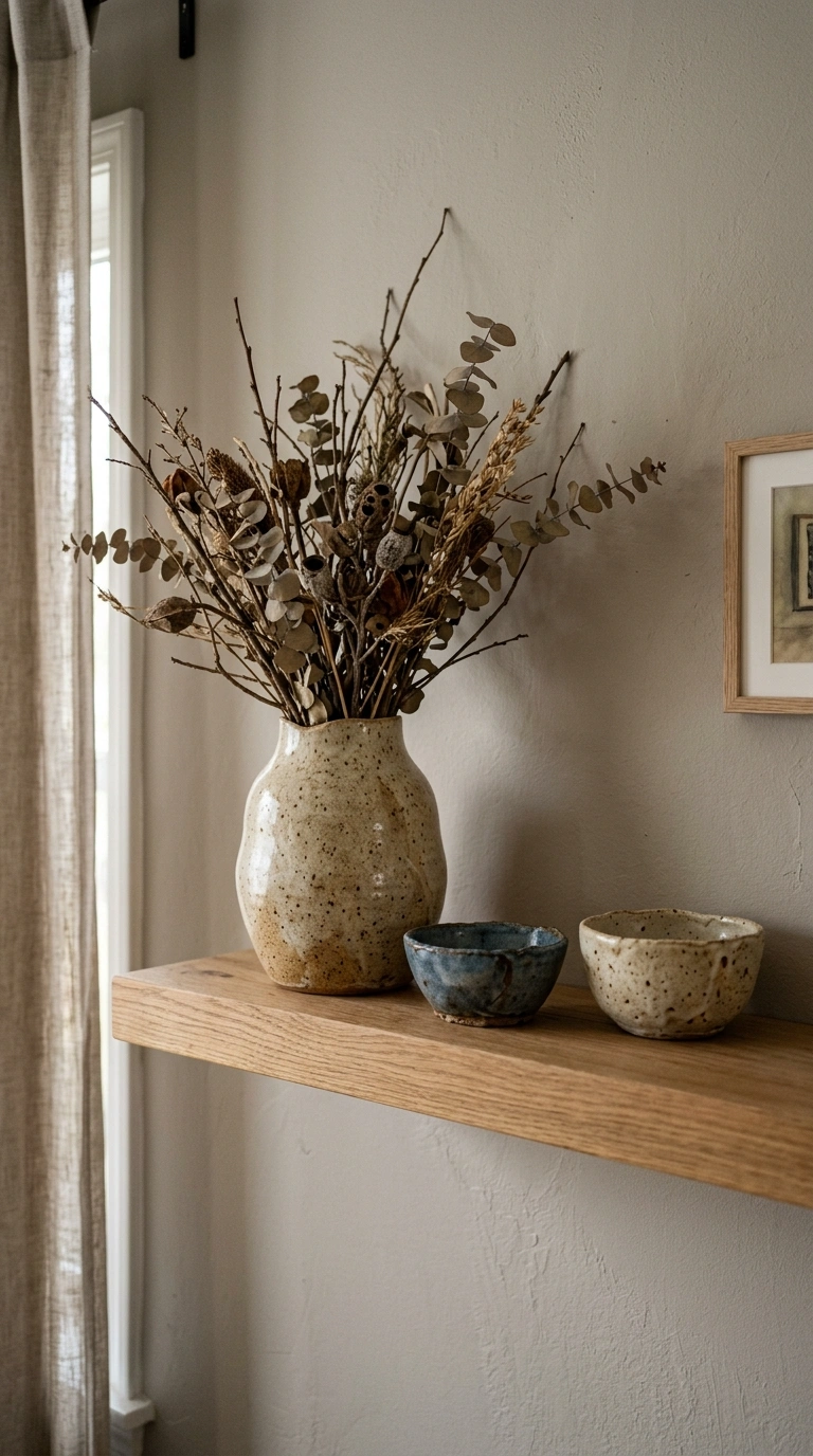 019 Handmade Ceramic Accents A wooden shelf styled wit