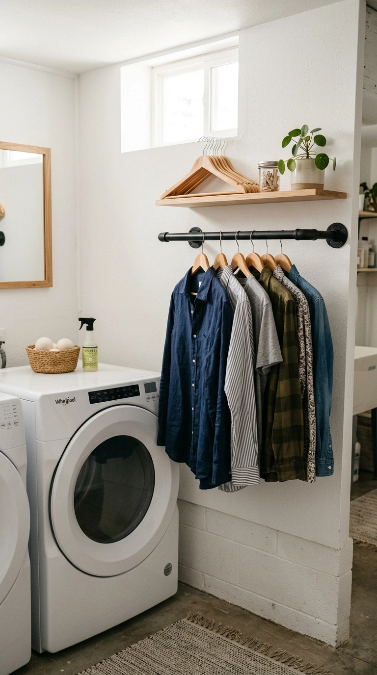019 Hanging Rod Station A basement laundry room with a