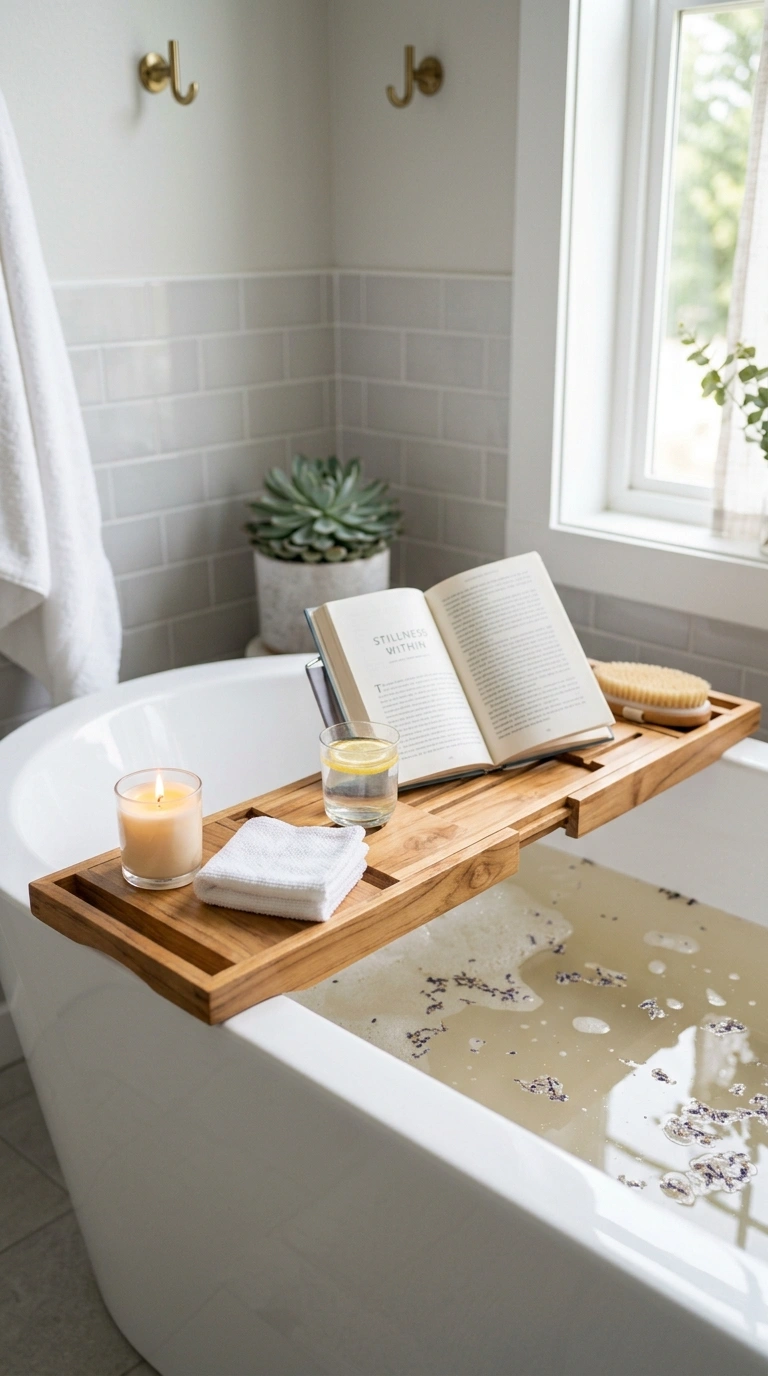019 Multi Purpose Bath Caddy A white bathtub with a li