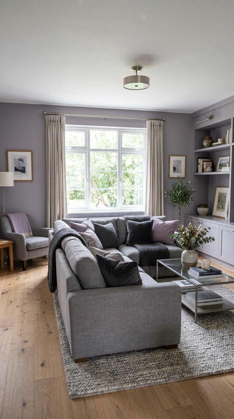 019 Muted Lavender and Gray A living room with muted g