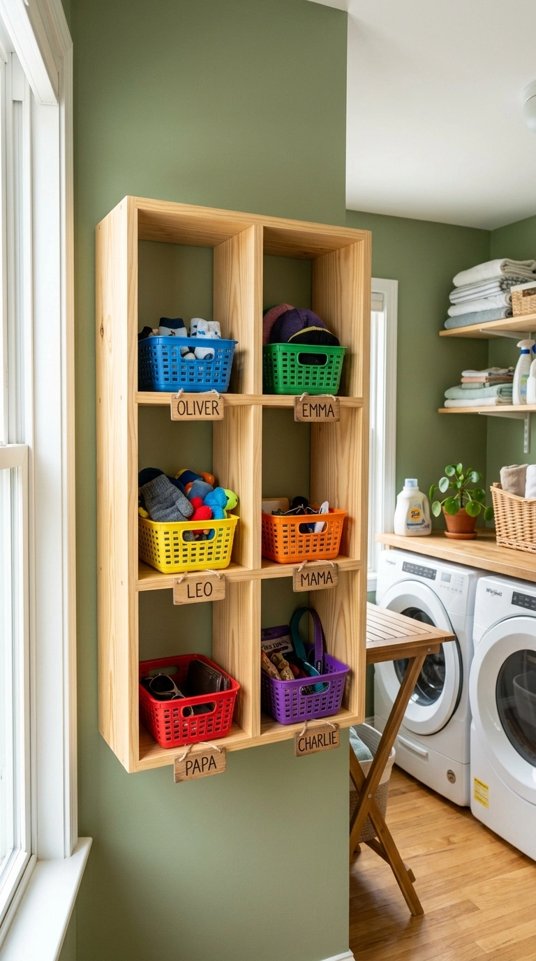 019 Open Cubby Storage A wood cubby unit with six comp