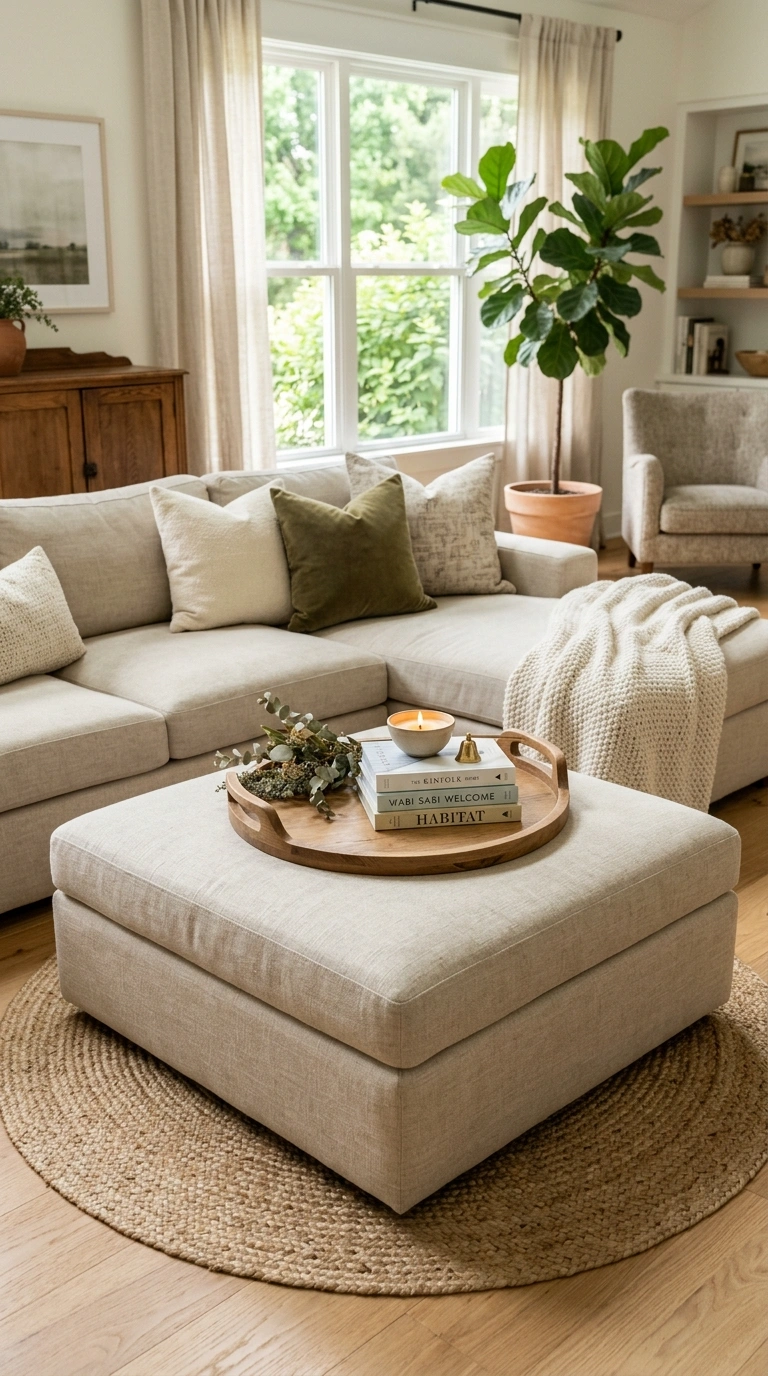 019 Ottoman Coffee Table A large upholstered linen ott