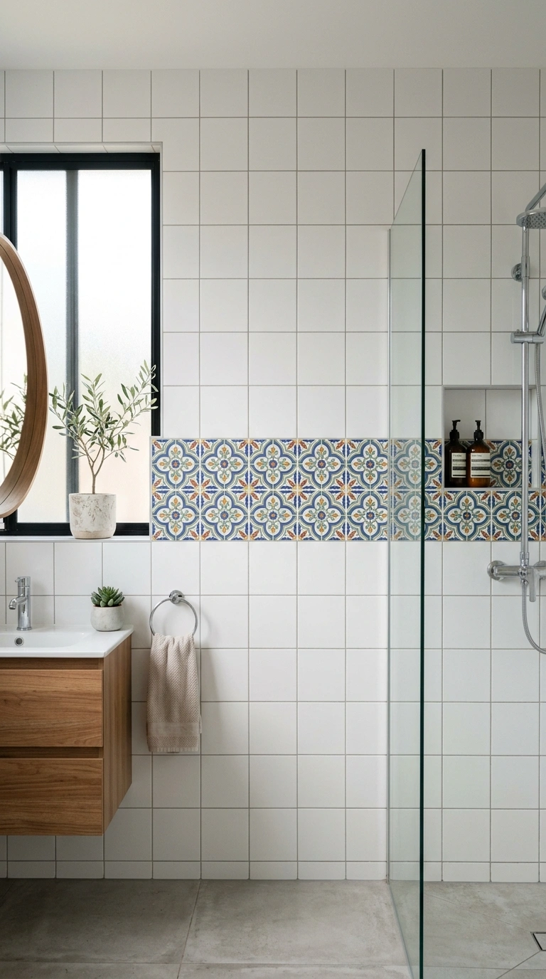 019 Patterned Border Tile A bathroom wall with plain w
