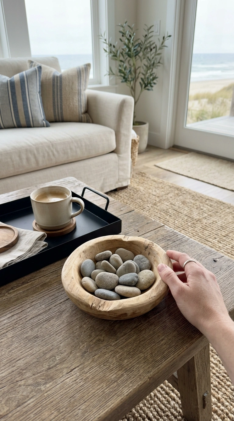 019 Small Wooden Bowl A coffee table with a black tray