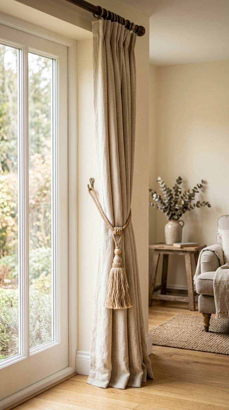 019 Tassel Curtain Tiebacks A linen curtain panel held