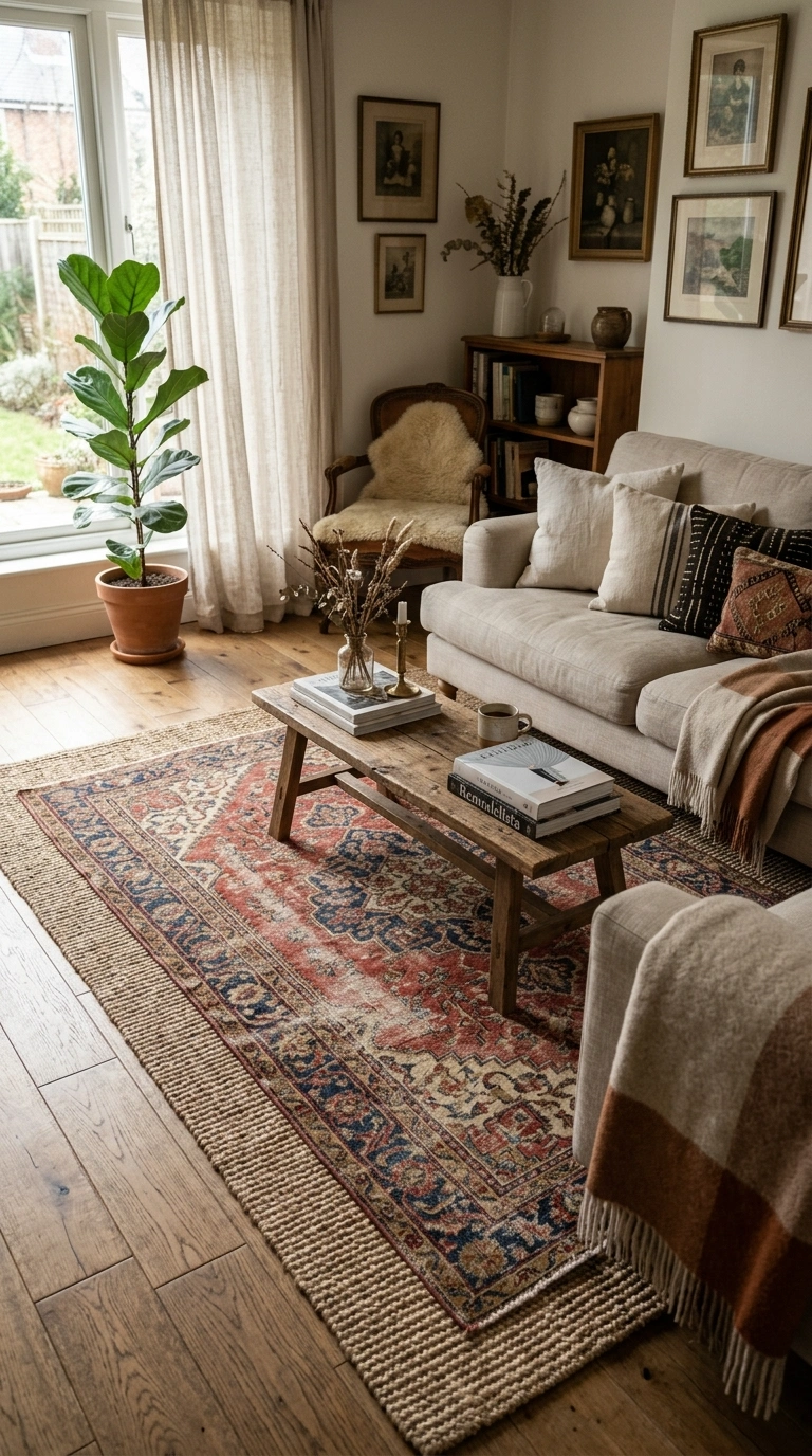 019 Vintage Rug Layer A living room with a faded vinta