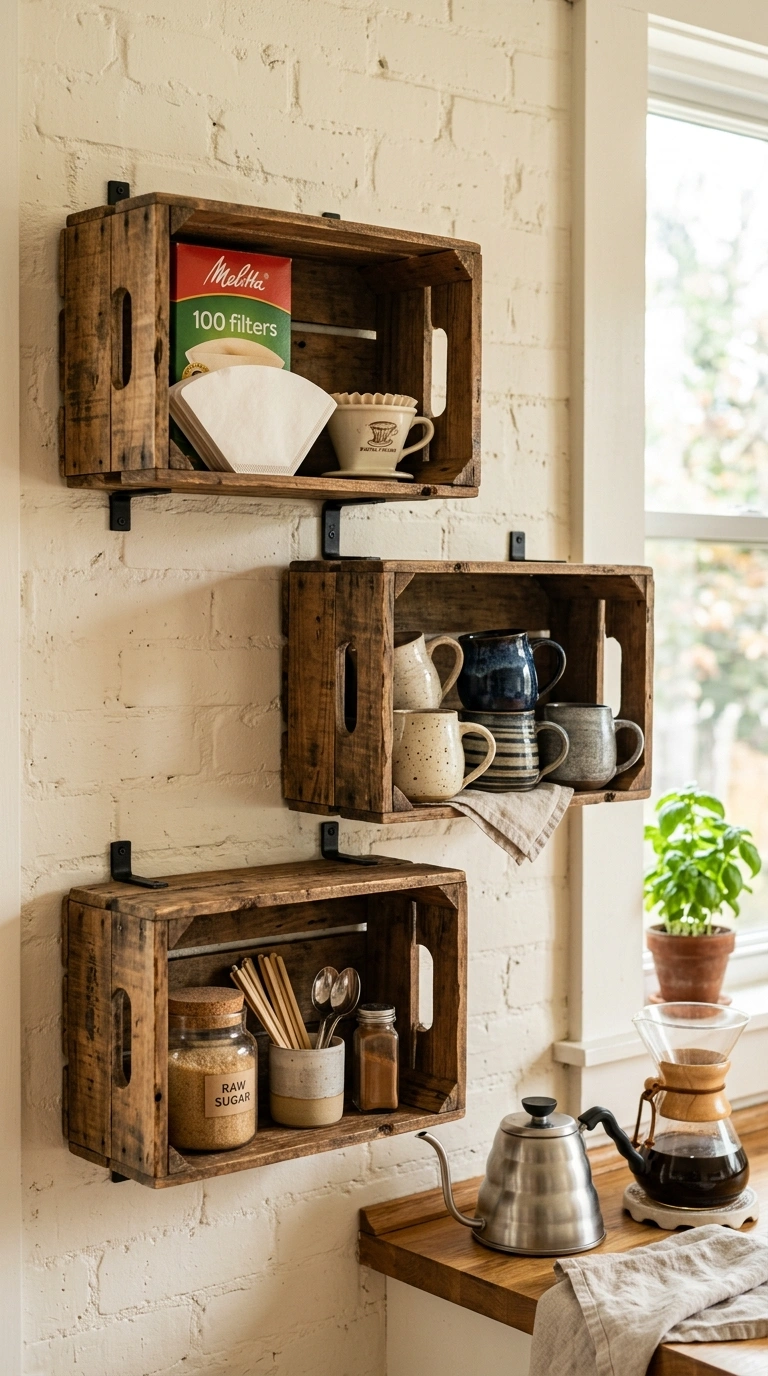 019 Wood Crate Shelving Three staggered wood crates mo