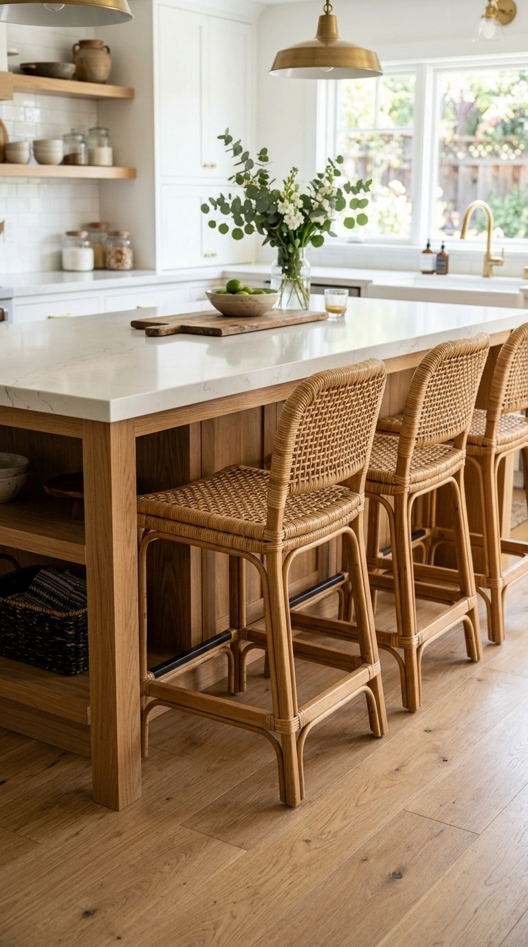 019 Woven Bar Stools A kitchen island with three woven