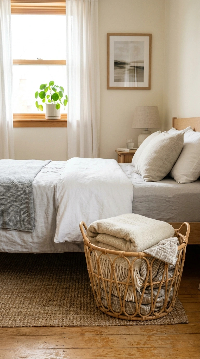 019 Woven Basket Storage A small bedroom corner with a