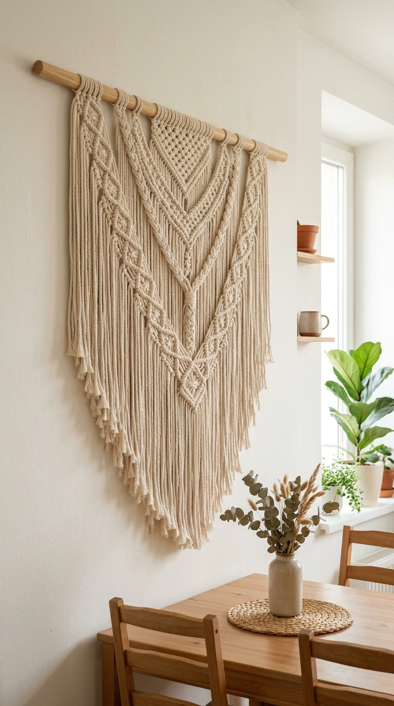019 Woven Wall Hanging A large cream woven macrame wal