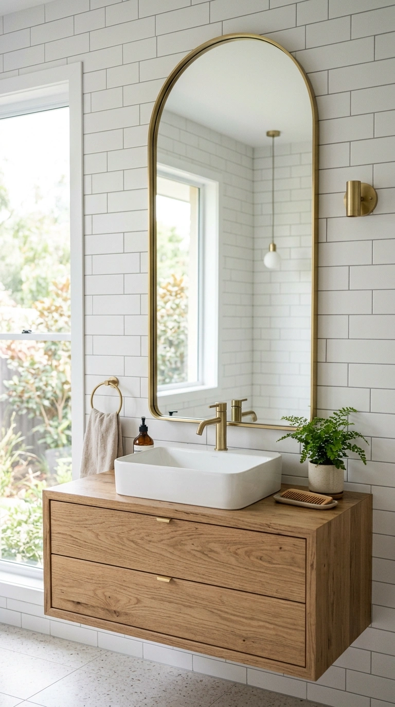 020 Arched Mirror Frame A bathroom vanity with a tall
