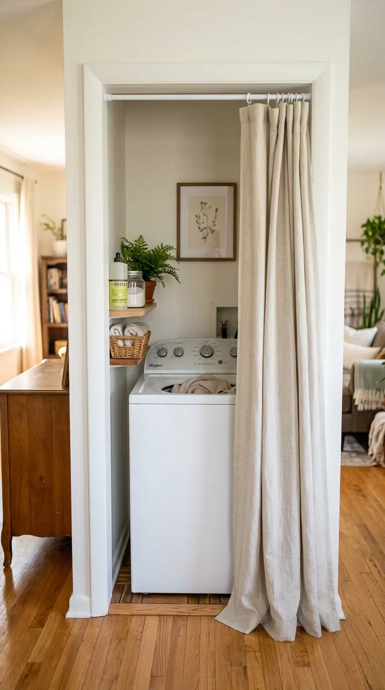 020 Curtain Divider Panel A narrow laundry nook inside