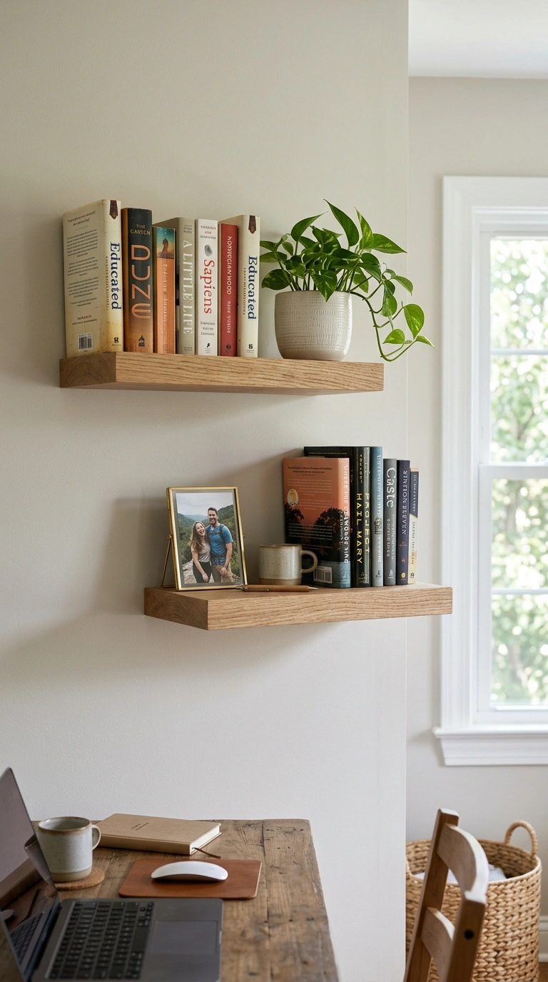 020 Floating Wall Shelves A home office wall with two