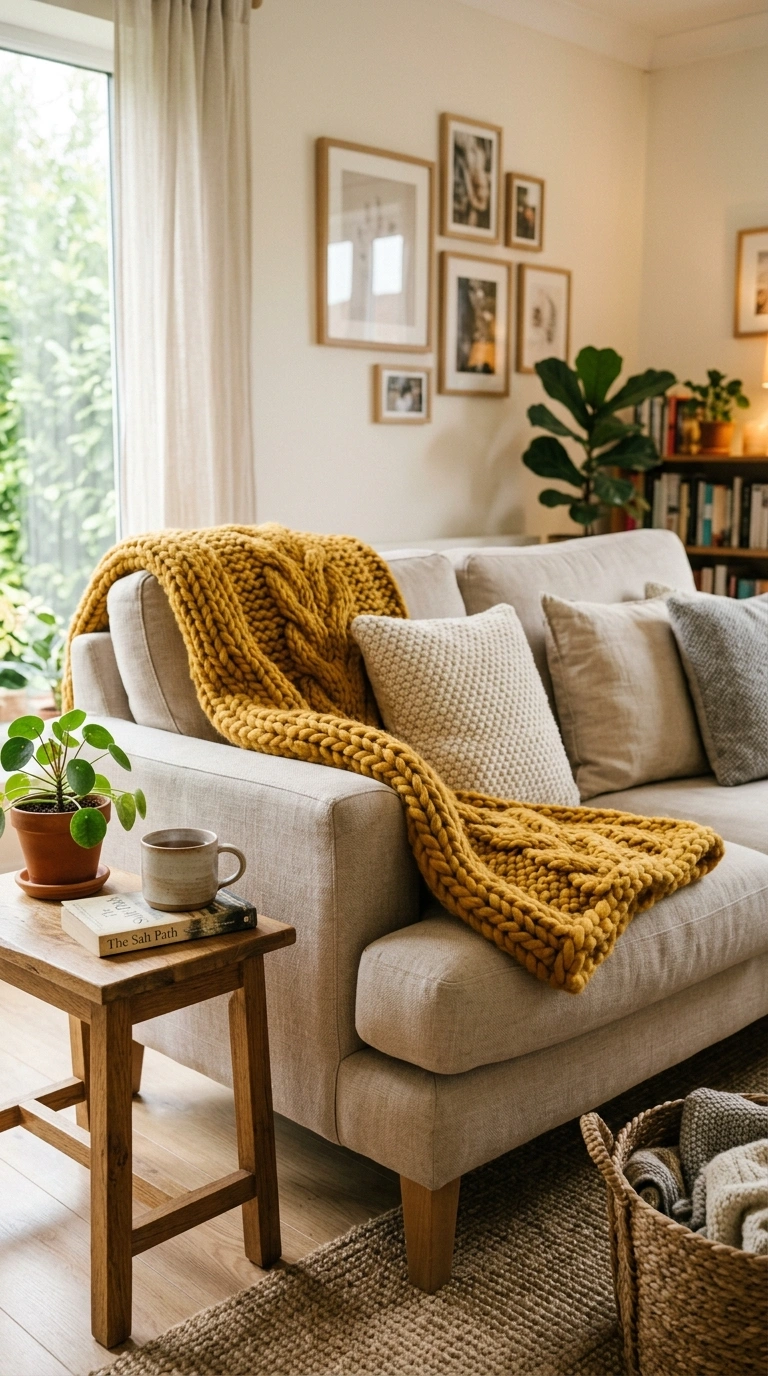020 Mix Textures With Throws A neutral sofa in a livin