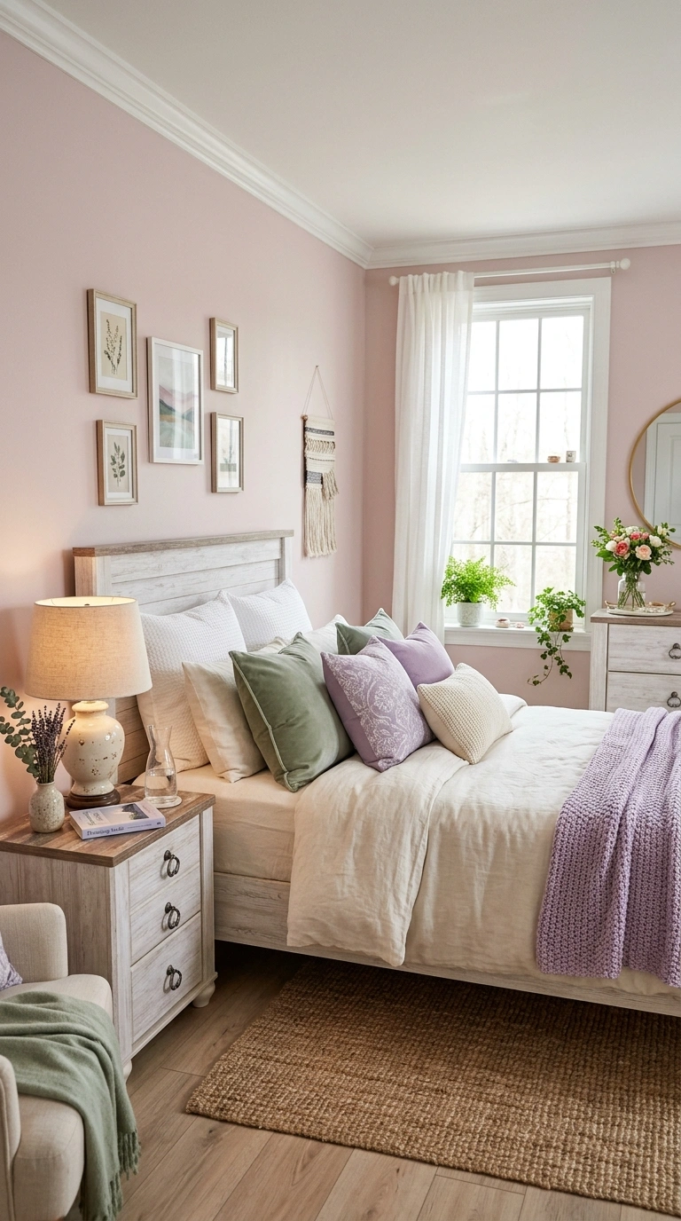 020 Pastel Dreamy Bedroom A bedroom with dusty pink wa