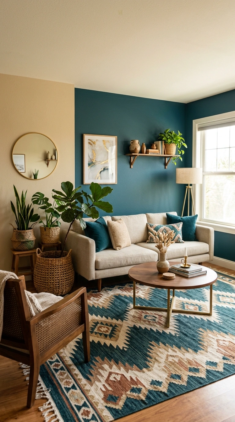 020 Sand Beige and Deep Teal A living room with sand b