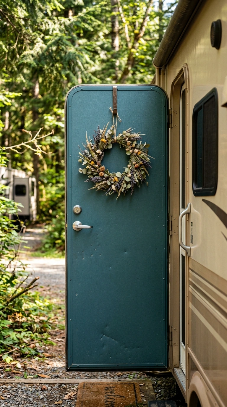 020 Seasonal Wreath Door The exterior entry door of an