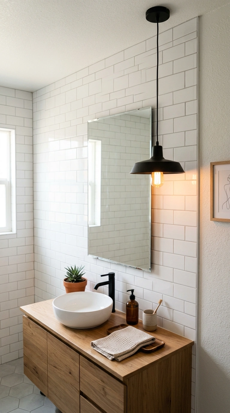 020 Statement Pendant Light A bathroom vanity with a s