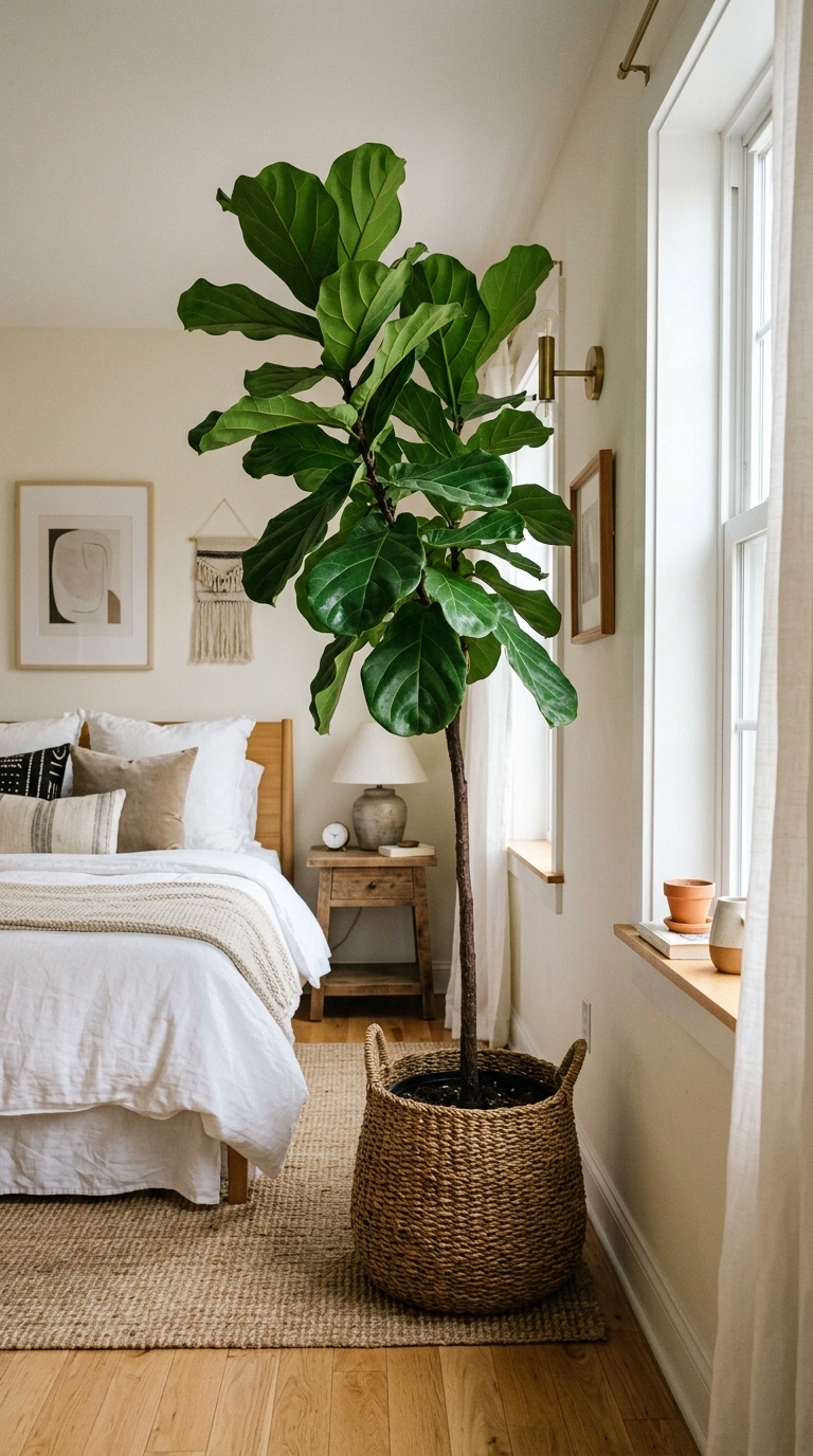 020 Tall Potted Plant A small bedroom corner with a ta
