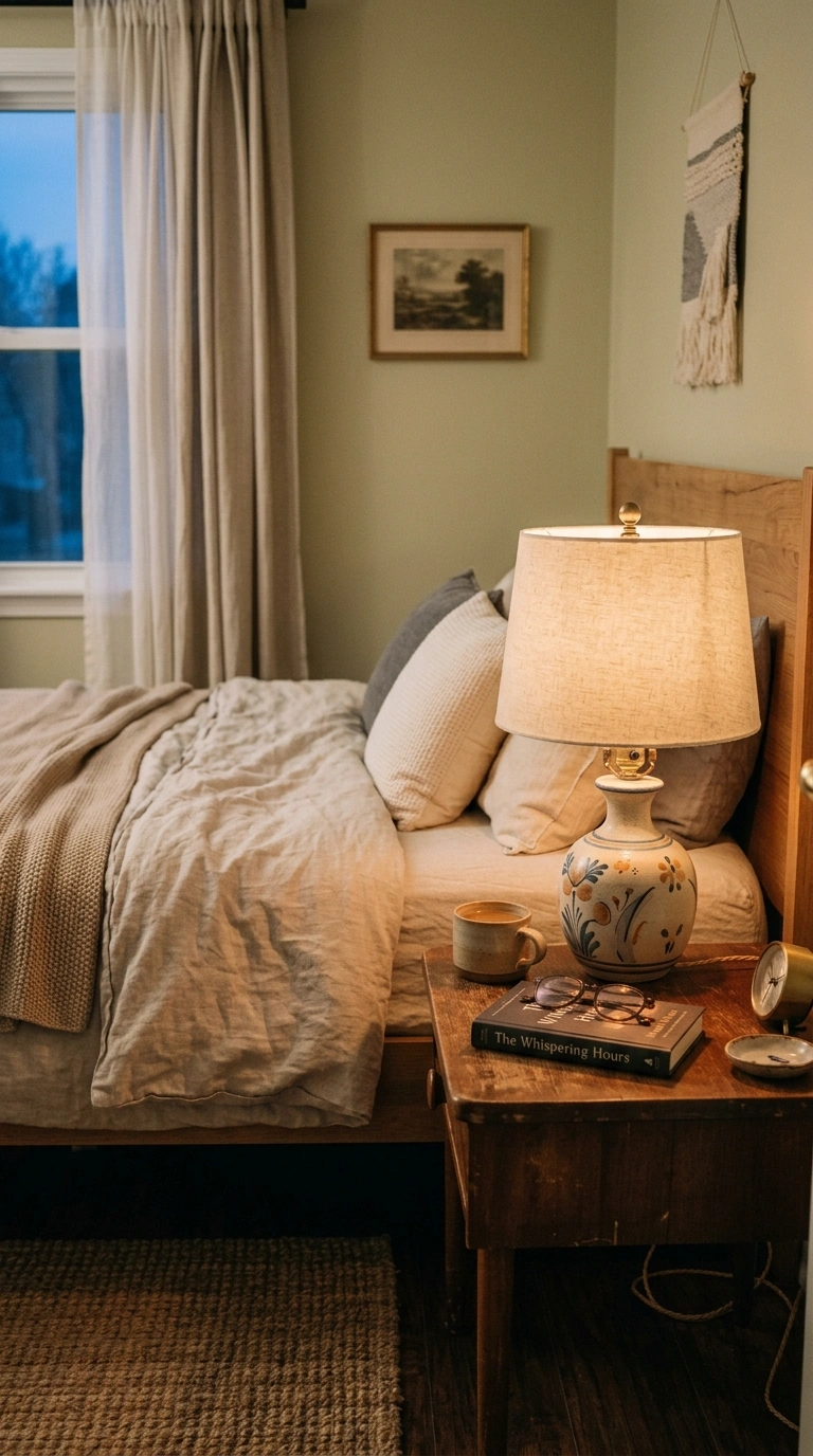 020 Vintage Lamp Swap A bedroom nightstand with a vint