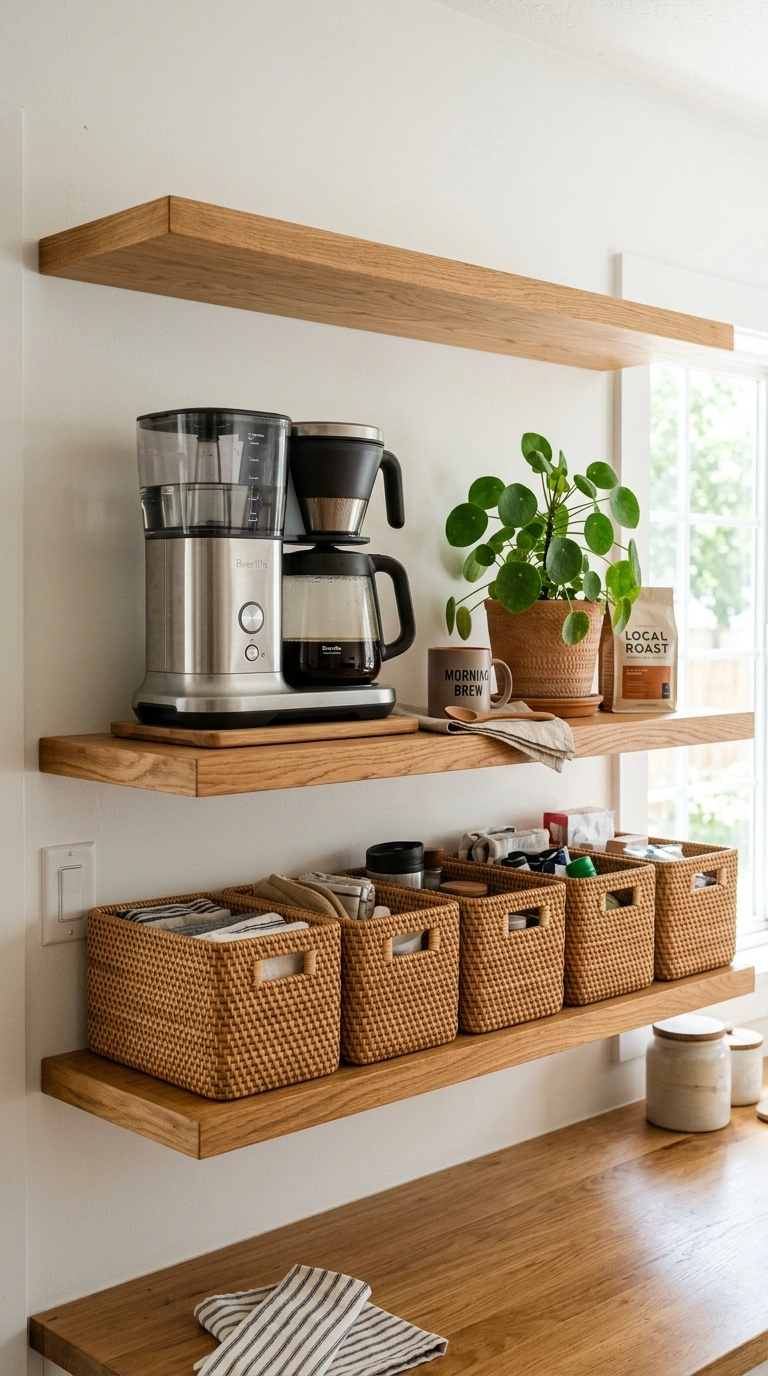 020 Woven Basket Shelf A wide wood shelf lined with ma
