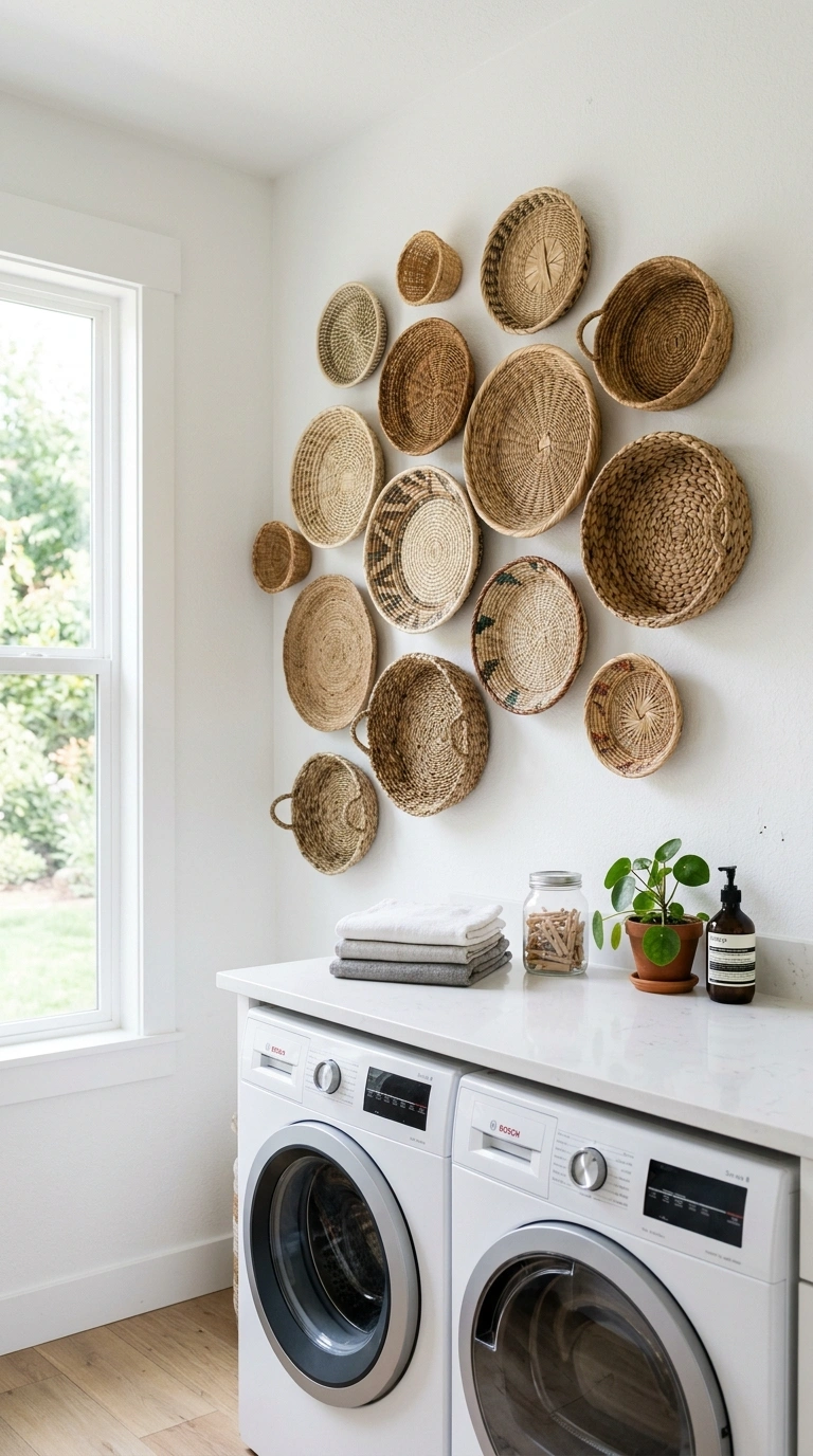 020 Woven Basket Wall A laundry room wall with a clust
