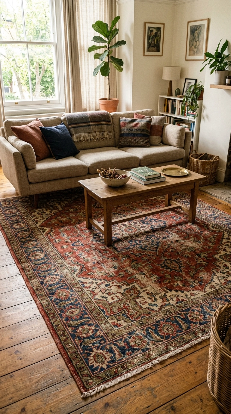021 Add a Vintage Rug A living room with a faded vinta