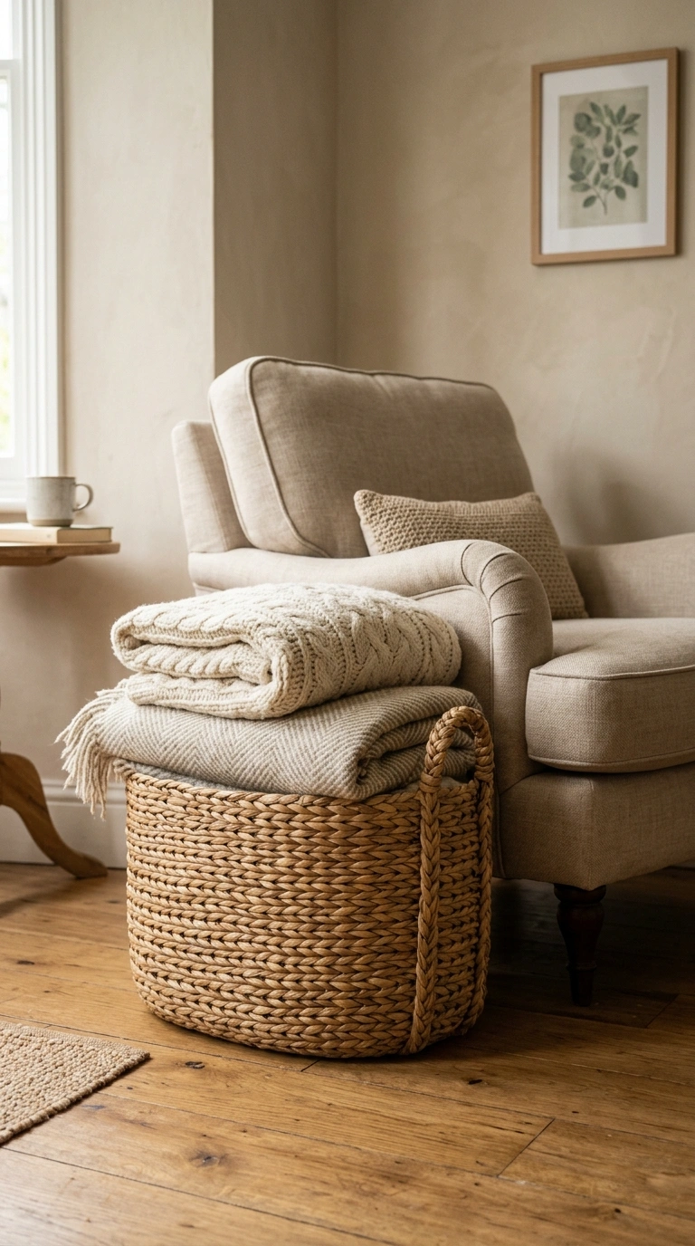 021 Cozy Blanket Basket A large woven basket beside a