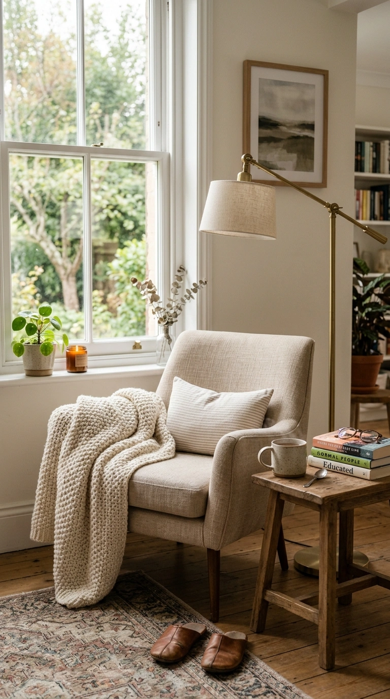 021 Cozy Reading Corner A living room corner with a be