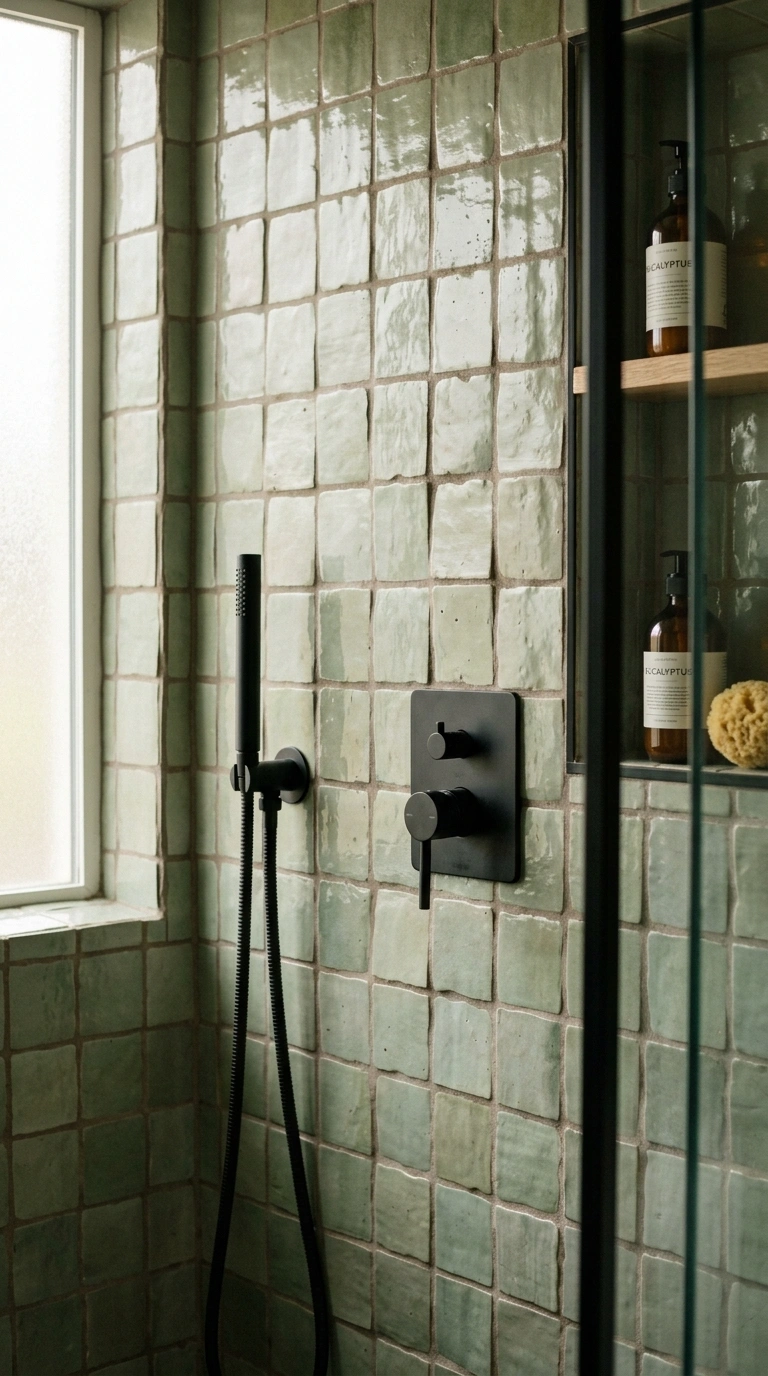 021 Handmade Ceramic Tile A shower wall covered in han