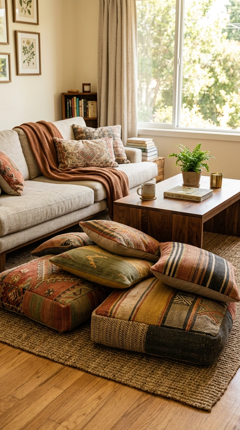 021 Layered Floor Cushions A cluster of large mixed pa