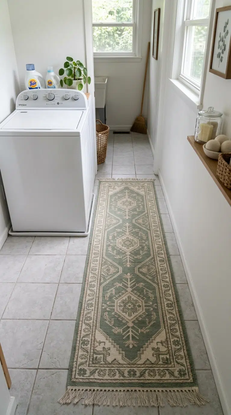 021 Narrow Floor Runner A narrow laundry room with a w