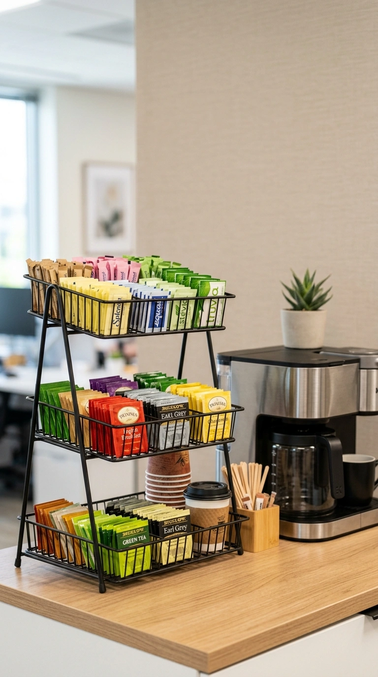 021 Tiered Stand Display A metal tiered stand on an of
