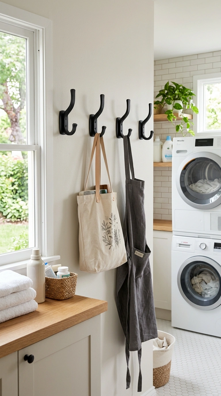 021 Wall Mounted Hooks A row of black wall mounted hoo