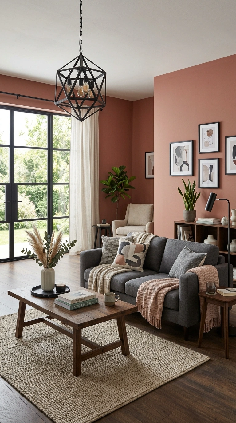 022 Clay Pink and Charcoal A modern living room with c