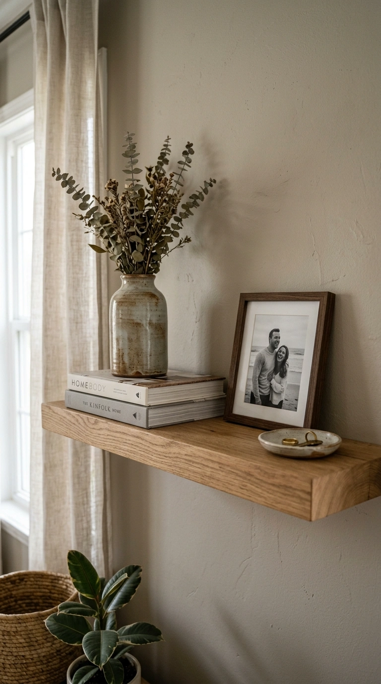 022 Open Shelf Vignette An open wooden wall shelf styl