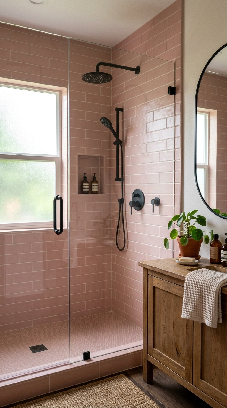 022 Pink Blush Tile Wall A primary bathroom shower ful