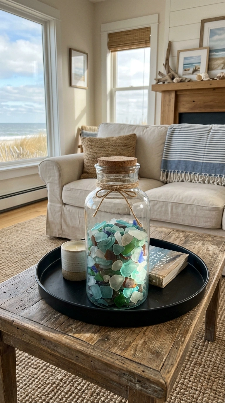 022 Sea Glass Jar A coffee table with a black tray hol